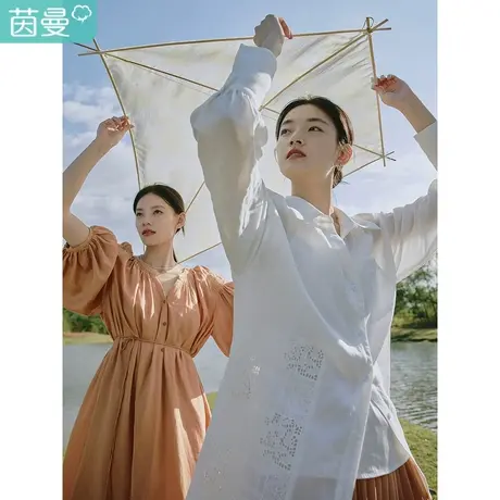 【商场同款】茵曼2023春女装新款时尚宽松拼接蕾丝长袖衬衫衬衣图片