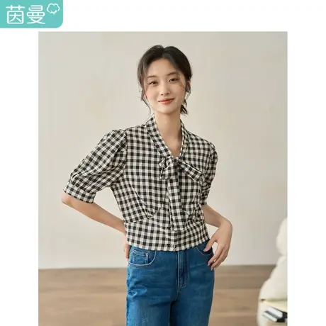 茵曼休闲V领衬衫女装2023年夏季新款百搭黑白格子设计感短袖上衣商品大图