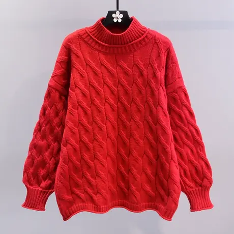本命年红色半高领毛衣女冬季2023新款宽松慵懒风打底麻花针织上衣图片