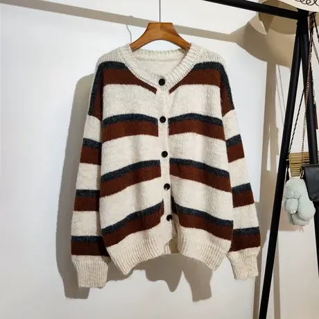 条纹撞色针织开衫女2023秋冬新款法式复古百搭宽松慵懒风毛衣外套图片