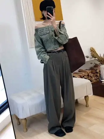2023秋季韩版时尚垂感腰带拖地西裤女洋气高腰宽松直筒藏肉阔腿裤图片