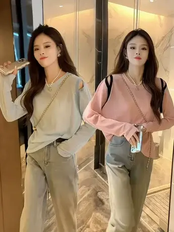 露肩粉色冰丝薄款镂空针织衫女长袖2023新款夏季外搭防晒罩衫上衣商品大图