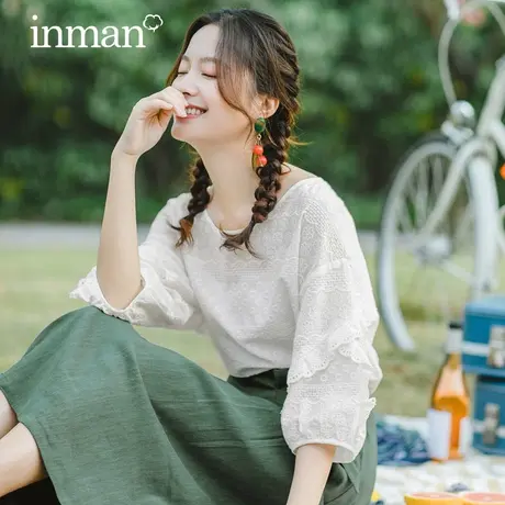 茵曼文艺绣花短袖纯棉衬衣女2023年夏季新款显瘦别致镂空中袖衬衫商品大图