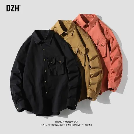 男士港风复古黑色长袖衬衫男秋季潮牌宽松衬衣2023年新款初秋外套商品大图