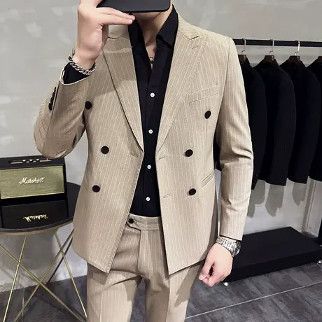 意式戗驳领西装男春季修身痞帅双排扣商务通勤新郎结婚礼服两件套商品大图