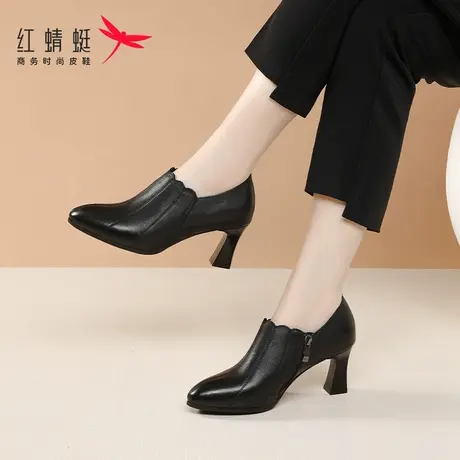 红蜻蜓女鞋春秋新款鞋子高跟鞋女粗跟真皮皮鞋裸靴妈妈鞋增高单鞋图片