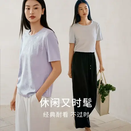 100%桑蚕丝真丝前片提花小衫圆领短袖宽松透气春夏T恤女金三塔商品大图