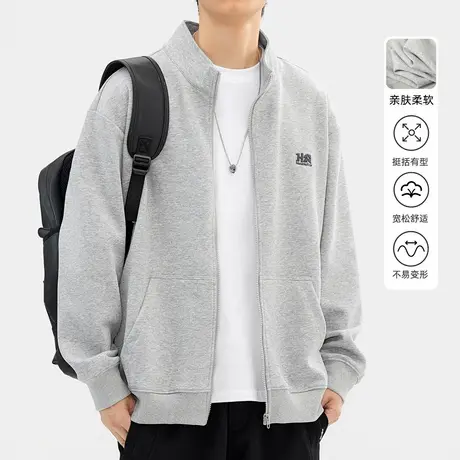 hansca灰色立领开衫卫衣外套男2025新款春季潮牌宽松休闲运动上衣商品大图