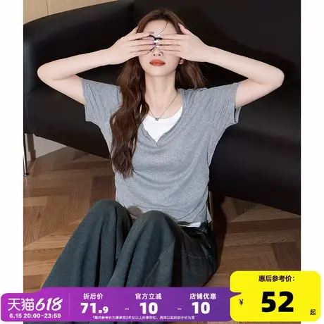 唐狮2025新款夏季灰色短袖T恤女短款上衣假两件休闲时髦甜辣小衫商品大图