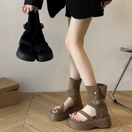 法式厚底凉鞋女2025年新款夏季配裙子高级洋气短筒鞋百搭夹趾靴子图片