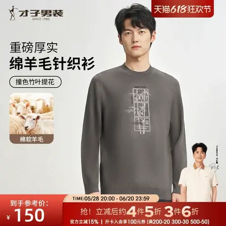 才子男装羊毛针织衫男2024秋季新款打底内搭提花圆领套头休闲毛衣图片