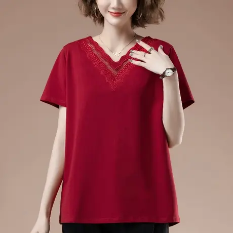 短袖t恤女夏季加肥加大码女装宽松中年妈妈纯棉镂空显瘦半袖体恤商品大图