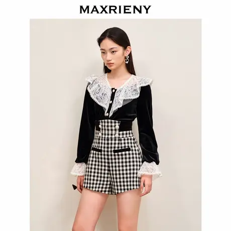 【奥莱】MAXRIENY宫廷复古风蕾丝拼接丝绒上衣装套头针织衫图片
