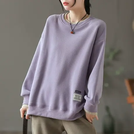 dza 复古纯棉假两件加绒卫衣女士秋冬加厚套头长袖上衣短款外套女图片