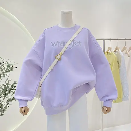 紫色圆领卫衣女春秋新款2023年时尚字母刺绣宽松慵懒风休闲上衣商品大图