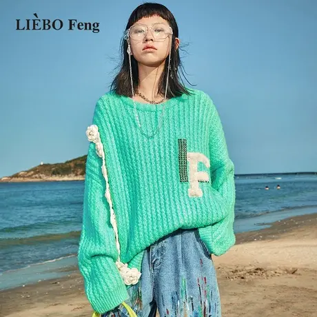 裂帛LIEBOFeng原创设计ins薄荷绿多巴胺勾织字母刺绣慵懒宽松毛衣图片