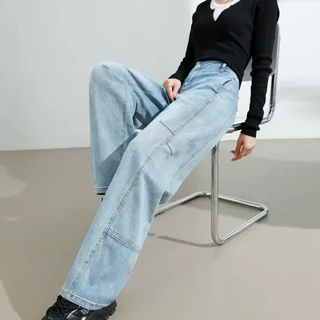 香蕉弯刀牛仔裤女春秋2025新款高腰显瘦百搭蓝色宽松镰刀阔腿裤子图片