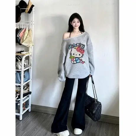 韩系宽松慵懒斜领露肩卫衣女早秋季新款kt猫印花时尚气质灰色上衣商品大图