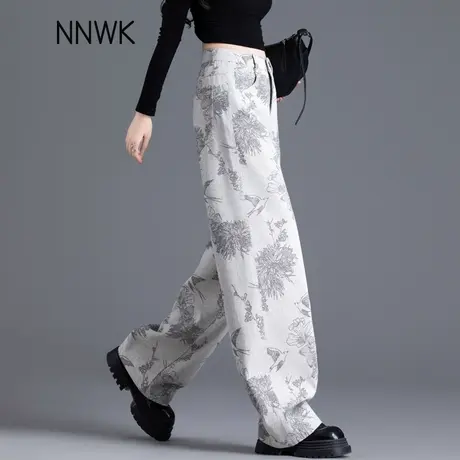 飞鸟提花牛仔裤女2025新款爆款春秋刺绣宽松长裤慵懒风直筒阔腿裤商品大图