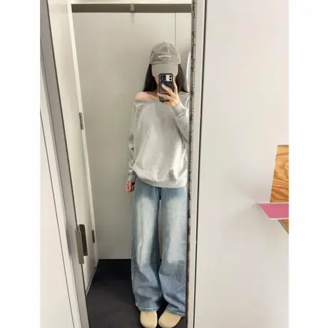 美式高街斜肩长袖卫衣女秋季2025新款宽松慵懒风chic百搭上衣薄款商品大图