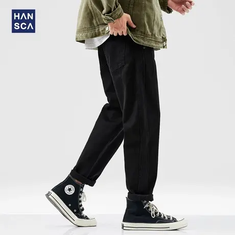hansca黑色简约直筒牛仔裤男2024年秋季新款美式纯色宽松微锥长裤商品大图
