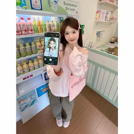 2025秋冬新款休闲百搭斜肩卫衣女美式基础款慵懒风粉色辣妹上衣服商品大图