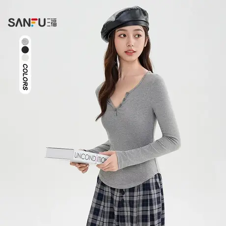 三福长T恤2025秋季纽扣领口弧形下摆圆领时尚上衣女装510800商品大图