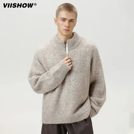 VIISHOW美式套头毛衣男秋新款半拉链立领针织衫潮牌宽松慵懒上衣商品大图