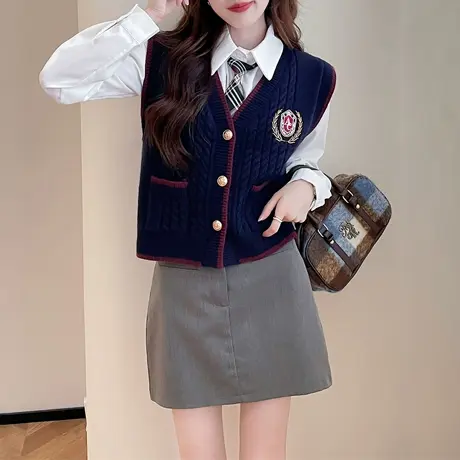 唐狮秋冬美式学院风V领开衫针织马甲女春秋外穿高级感百搭TE图片