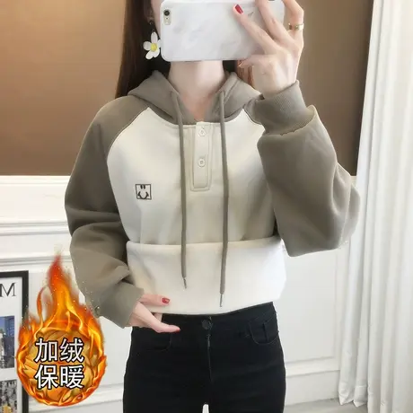 连帽加绒加厚卫衣女2023年新款秋冬女士上衣宽松洋气设计感外套女商品大图