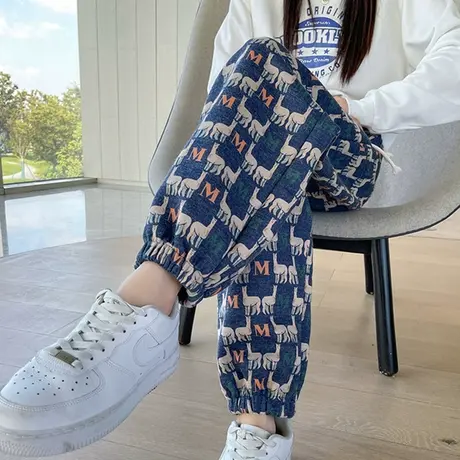 仿羊绒哈伦裤女2023年秋冬新款高腰宽松毛呢束脚休闲小个子呢子裤商品大图