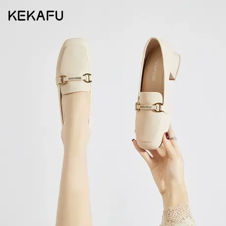 珂卡芙鞋子法式乐福鞋女秋季2023新款中跟单鞋配裙子粗跟软皮女鞋商品大图