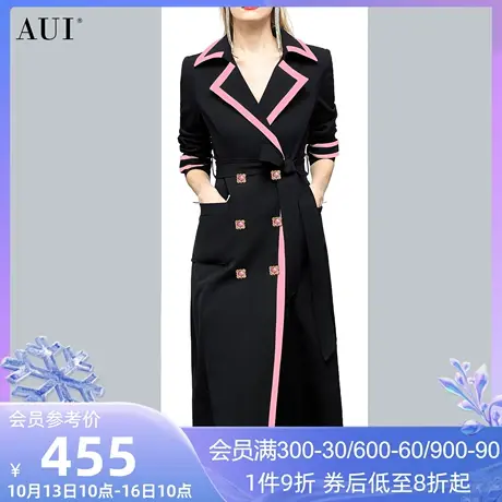 AUI黑色时尚设计感双排扣风衣外套女2023新款秋冬高级感长款大衣商品大图
