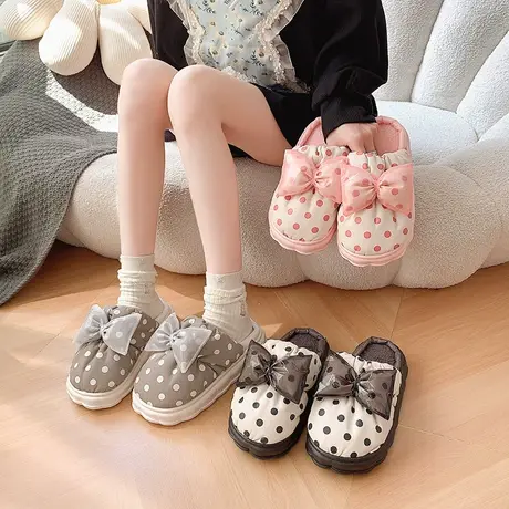 时尚网红波点棉拖鞋女保暖厚底踩屎感室外穿潮流居家用舒适棉拖鞋商品大图