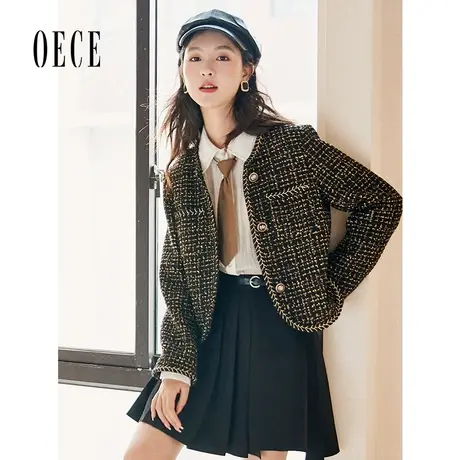 Oece复古小香风外套冬装新款女装法式优雅气质粗花呢短款外套图片