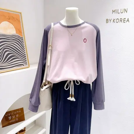 韩代同款~秋冬双面绒德绒拼色长袖打底衫遮肉显瘦磨毛T恤大码欧货商品大图