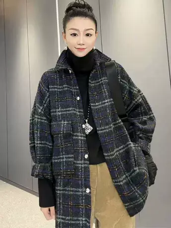 毛呢大衣女2023秋冬季复古中长款小个子时尚百搭加厚格子外套衬衫图片
