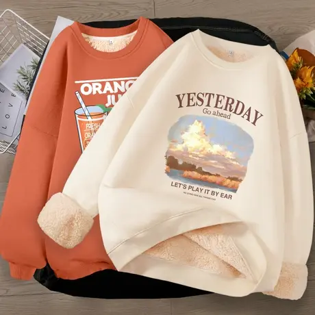 ZR真维斯圆领加绒卫衣女秋冬2023年新款宽松韩版学生加绒加厚外套图片