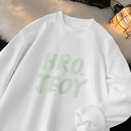 450g重磅日系白色卫衣男秋冬款加绒加厚摇粒绒长袖t恤无帽套头衫商品大图