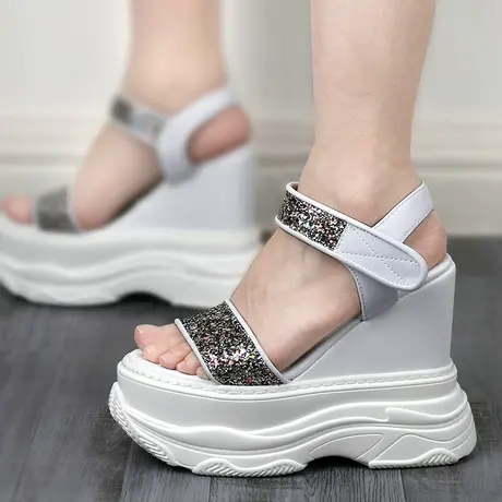 坡跟凉鞋女款内增高婚纱神器松糕鞋结婚夏季一字带厚底高跟鞋14CM商品大图