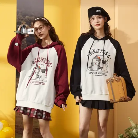 [吾皇猫]唐狮春秋季卫衣女卡通图案连帽拼接宽松小众ins外套卫衣图片