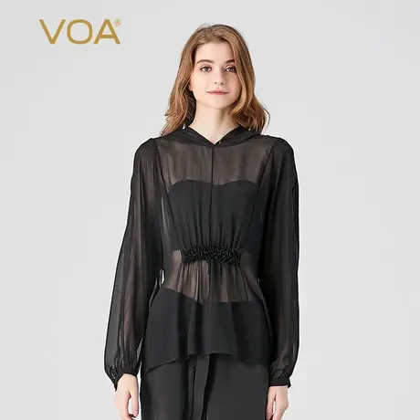 VOA桑蚕丝乔其纱黑色连帽灯笼袖松紧腰宽松修身简约真丝T恤图片