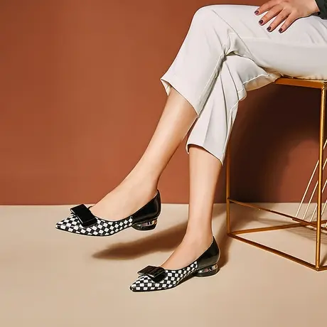 清仓浅口粗跟平底鞋低跟蝴蝶结格子单鞋尖头套脚拼色真皮舒适女鞋商品大图