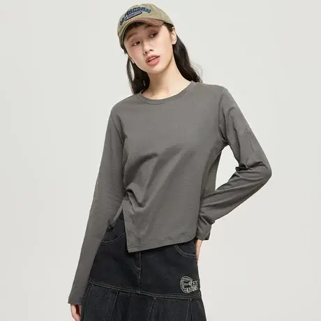 真维斯Z+女装 下摆开叉设计长袖T恤百搭简约辣妹风圆领打底衫X商品大图