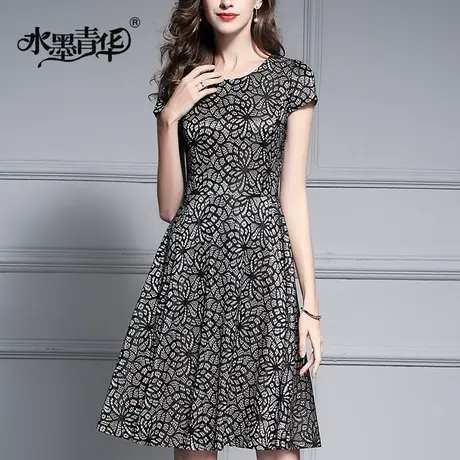 【1件7.9折】夏装新款时尚修身短袖简约大摆中长款复合蕾丝连衣裙图片