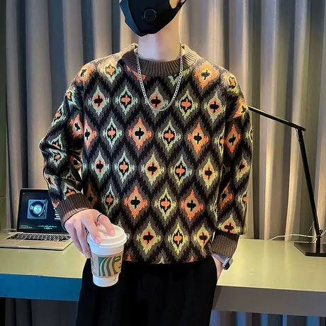 高级感满印民族风提花毛衣秋冬季潮牌打底线衣个性欧洲站针织毛衫商品大图