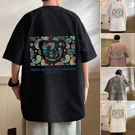 国潮笑脸印花短袖T恤男女夏季宽松半袖设计感潮流纯棉重磅ins上衣商品大图