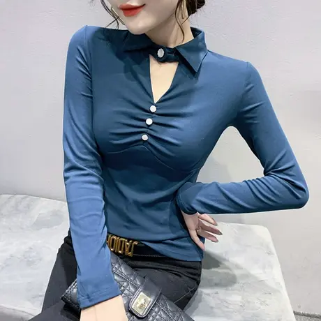 女装2023新款潮性感镂空T恤春秋设计感复古上衣百搭打底衫女长袖商品大图