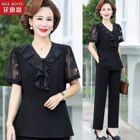 妈妈休闲短袖上衣中年女装夏装洋气母亲节中老年夏季时尚雪纺套装商品大图