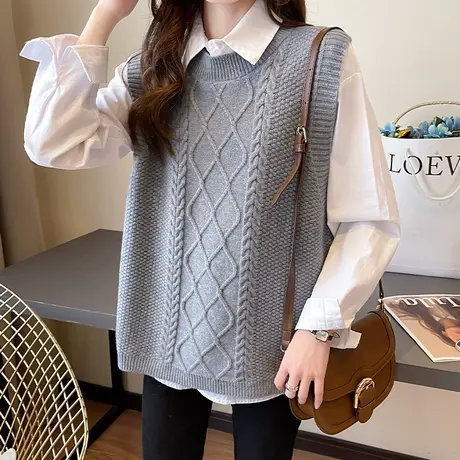 2023春秋新款圆领复古麻花针织马甲背心女士宽松显瘦叠穿坎肩马夹商品大图